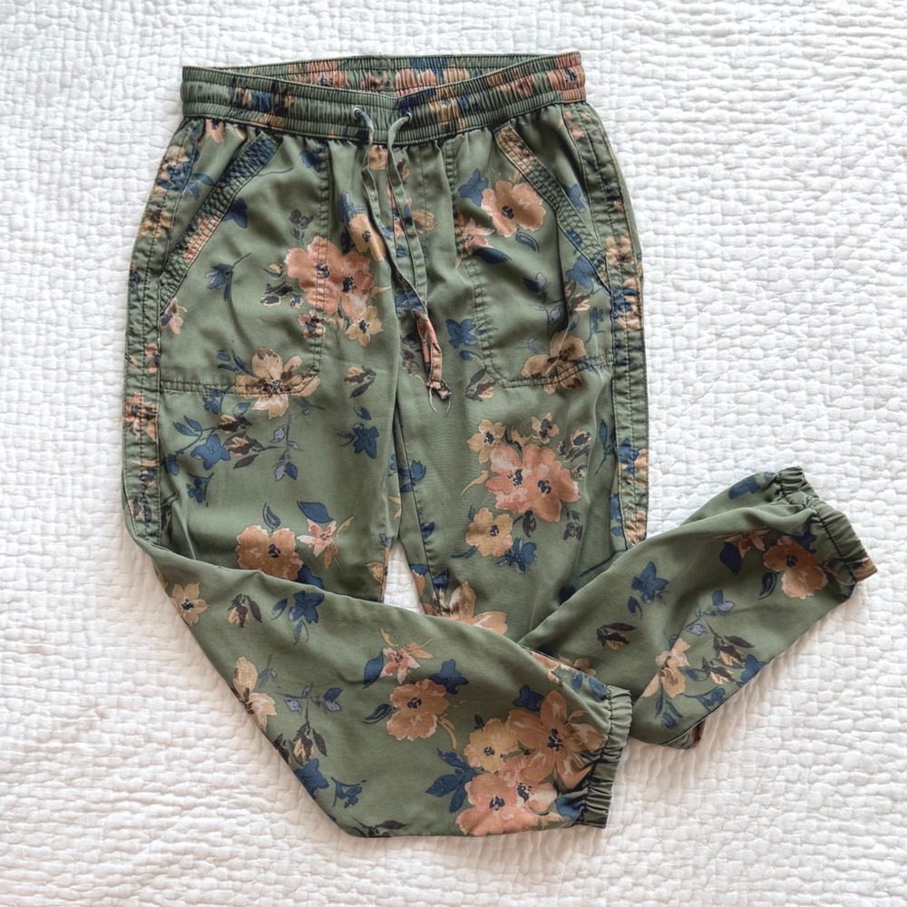 Anthropologie Floral Joggers XS Petite Olive Green Boho Cottagecore Pants